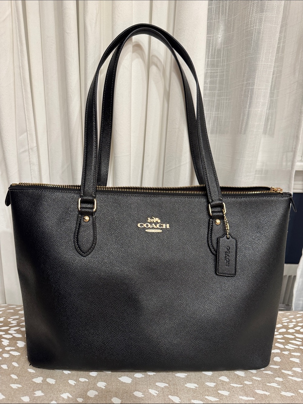 Coach Black Leather Zip-Top Tote with Gold Hardware